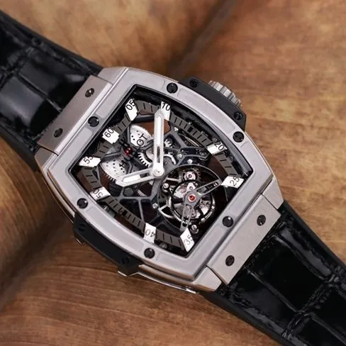 Hublot high-quality watch men's black dial black belt manual winding tourbillonMASTERPIECE series mechanical leather strap watch front view