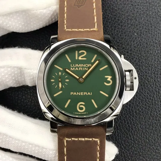 HW factory Paneraireplica watch men's green dial brown belt manual mechanical leather strap watch front view