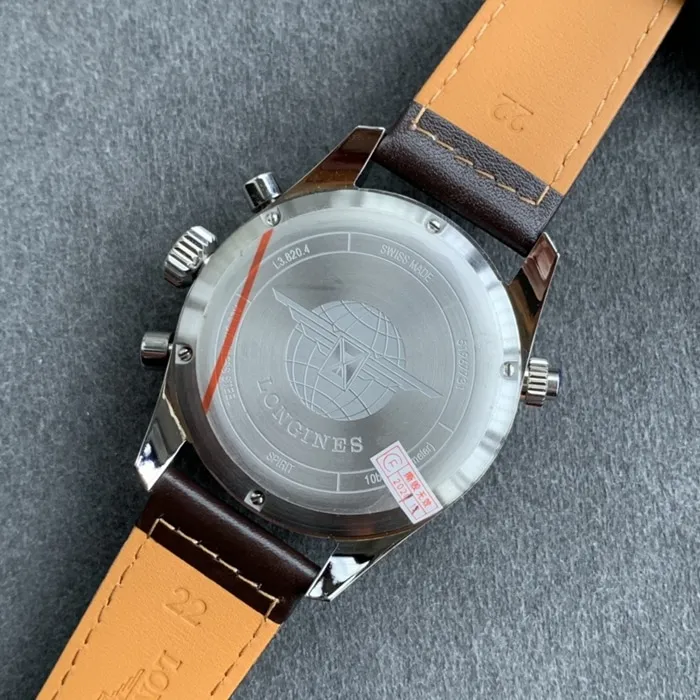 top-tier watch Longines men's black dial pioneer series leather strap watch front view