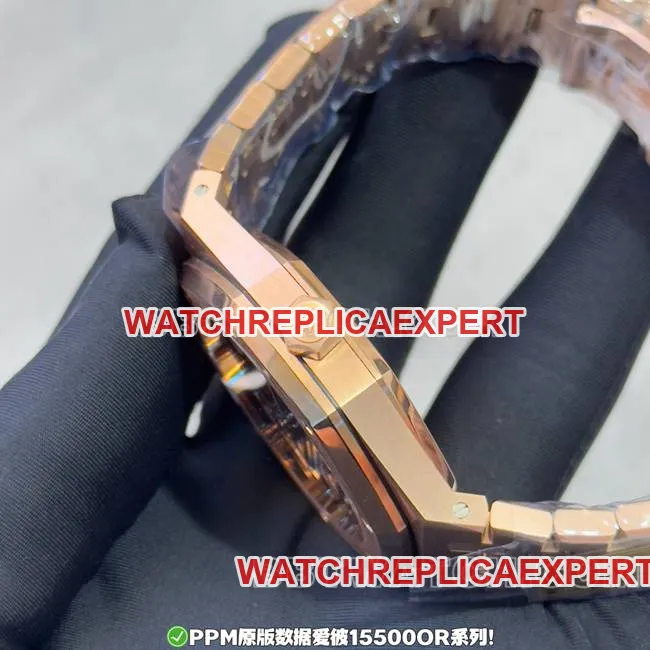 collectible watch PPM factory Royal Oak Audemars Piguet black dial rose gold steel band 15500 back real shot