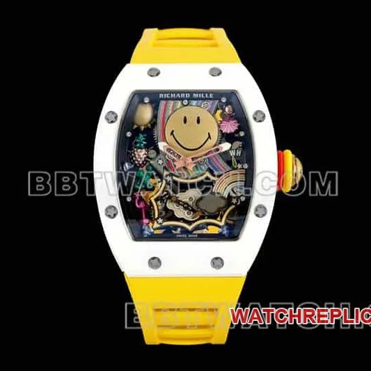 Richard Mille men's smiley tourbillon white shell yellow rubber RM 88front live photo