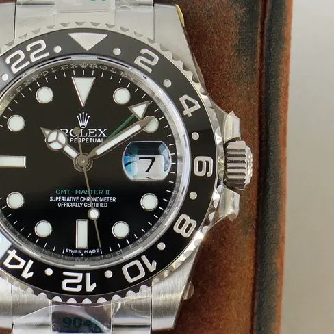GS factory top-tier replicaRolexsuper watch men's black dialsteel braceletGMT series GMT-Master type II mechanical watch front view