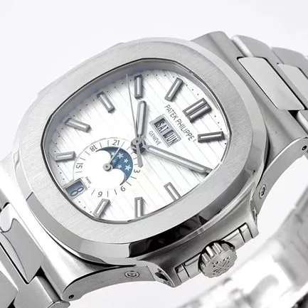 PPF Factorytop-tier watch Patek PhilippeNautilus series annual calendar men's white dialsteel braceletautomatic movement watch front view