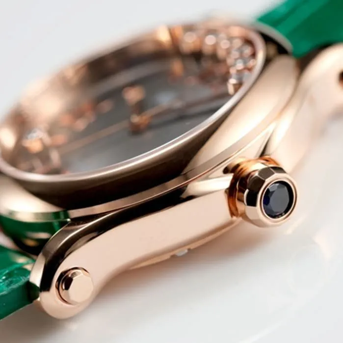 Top Chopard women's watch, black dial, green strap, HAPPY DIAMONDS series, mechanical leather strap, front view.