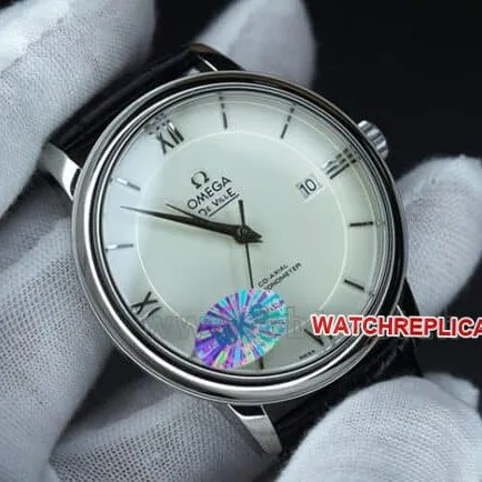 MKS Factorytop-tier replicaOmega De Ville series classic business casual men's white dialblack dial fully automatic movementleather strap watch front view