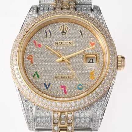 TW factory top-tier replicaRolex men's white dialsteel bracelet full diamond Datejust series 18k gold automatic movement watch front view