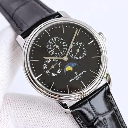top-tier watch Vacheron Constantin men's white dial black belt perpetual calendar multi-function heritage series mechanical watch front view