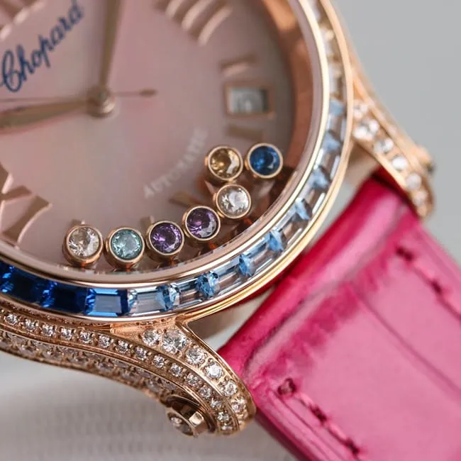 top-tier replicaChopardsuper clonechopard Happy Sport series ladies pink plate pink belt automatic movementleather strap watch front view