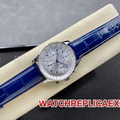 collectible watch BLS factory aviation chronographBreitling silver white dial blue leather strap model front live photo