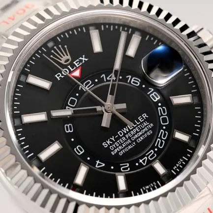 Top Rolex men's watch, black dial, steel bracelet, Sky-Dweller series, automatic mechanical watch, front view