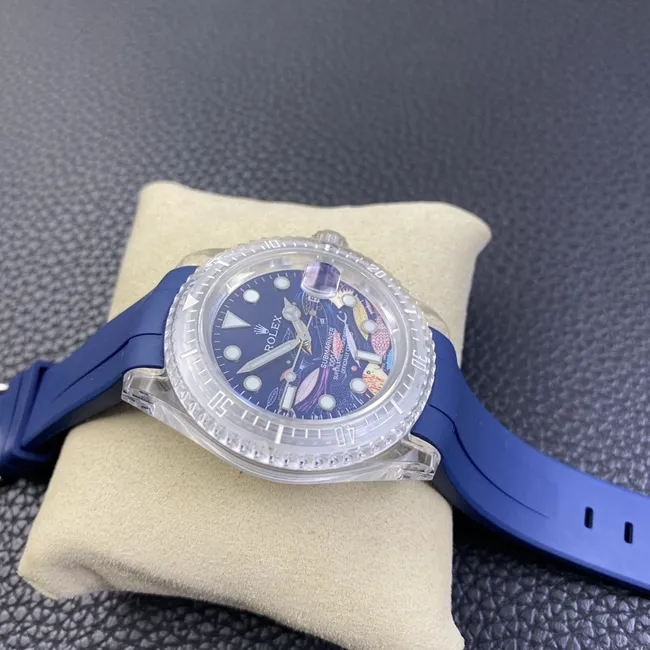 top-tier watch Rolex men's blue dialrubber strapautomatic movement watch front view