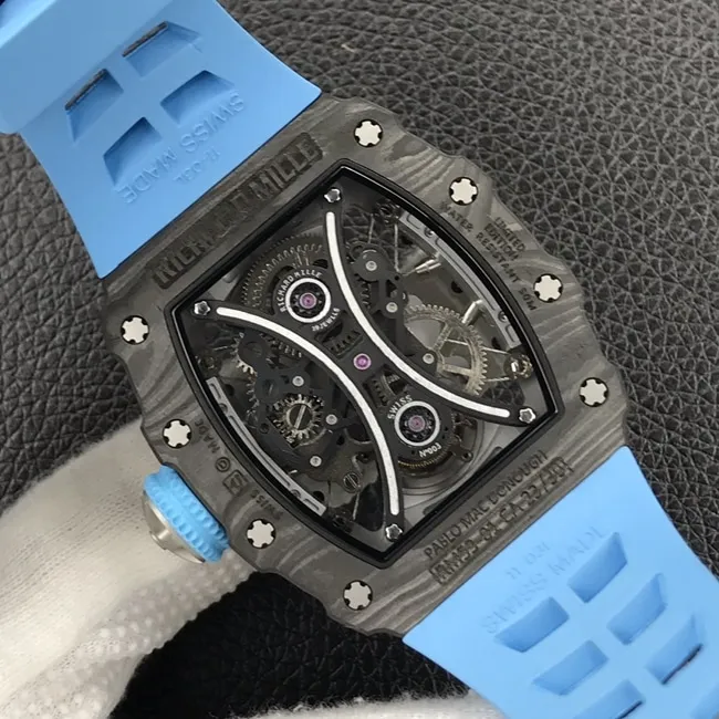 JB factory Richard Milletop-tier watch automatic movement genuine tourbillon men's black dial blue rubber strap watch front view