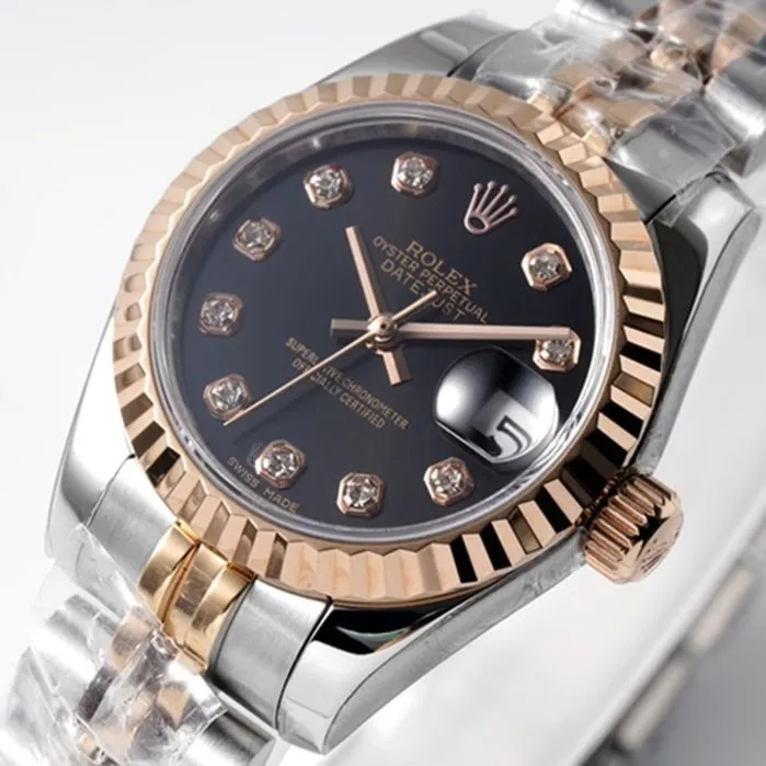 Top-tier watch Rolex women's black dial Date just steel bracelet watch front view