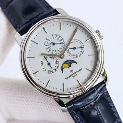 top-tier watch Vacheron Constantin men's white dial blue belt heritage series leather strap automatic movement watch front view