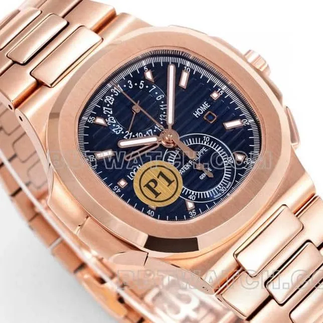 Sporty and elegant collectible watches P1 factory Patek Philippe blue plate rose gold mechanical steel belt models 5990 front real picture
