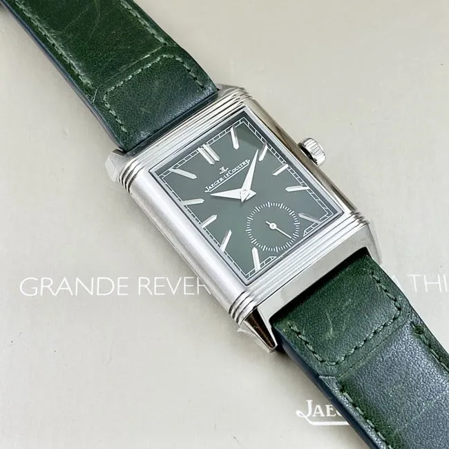 top-tier watch Jaeger-LeCoultre men's green dial green strap flip series manual winding leather strap watch front view