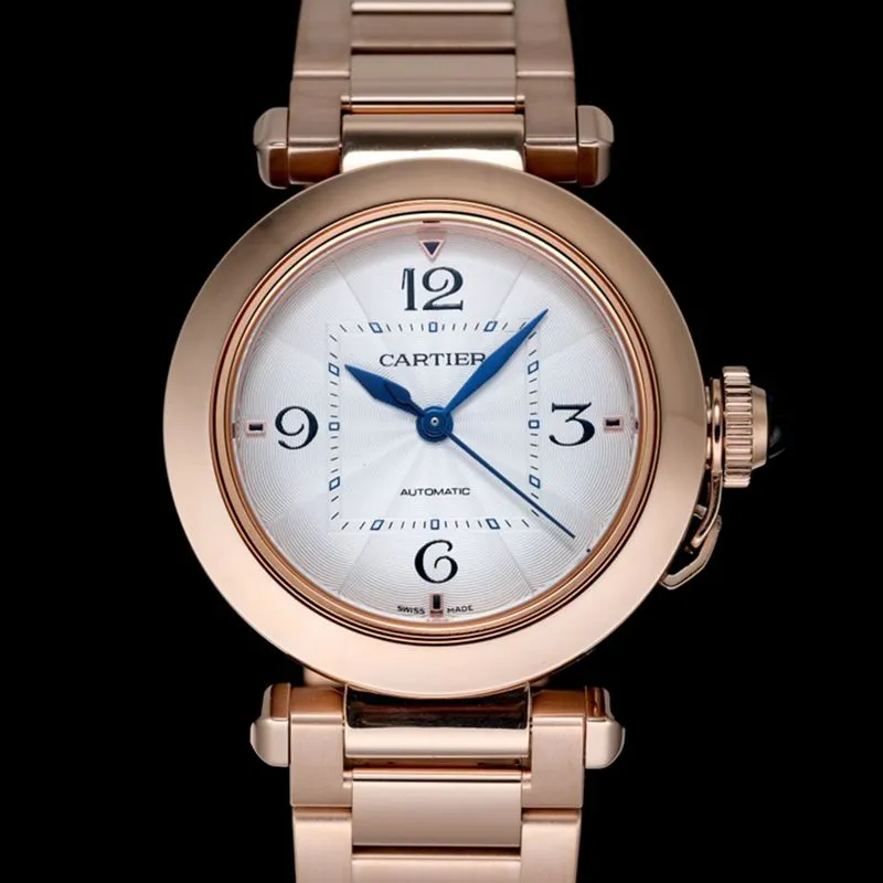 Cartiertop-tiersuper watch Pasha series ladies full automatic movement white face rose gold watch detail shots