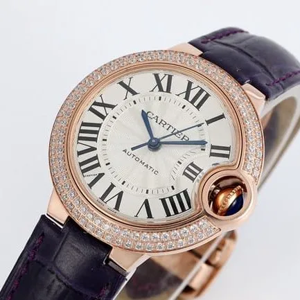 V6 factory Cartiertop-tier watch blue balloon series 33mm automatic movementwhite dial blue belt ladies watch front view