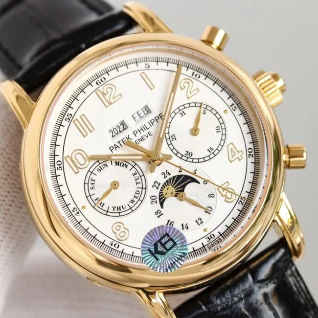 top-tier watch Patek Philippe super complex function chronograph series 18K gold white bottom men's mechanical watch side view