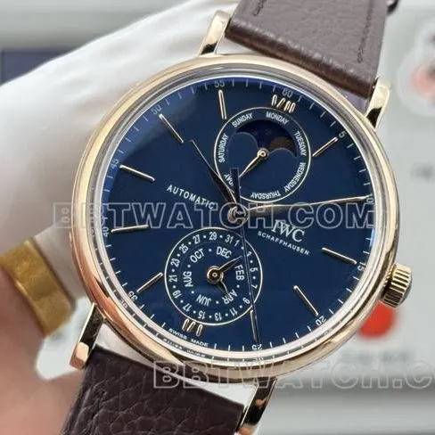 collectible watch GR factory IWC Portofino rose goldblue dialleather strap model front live photo