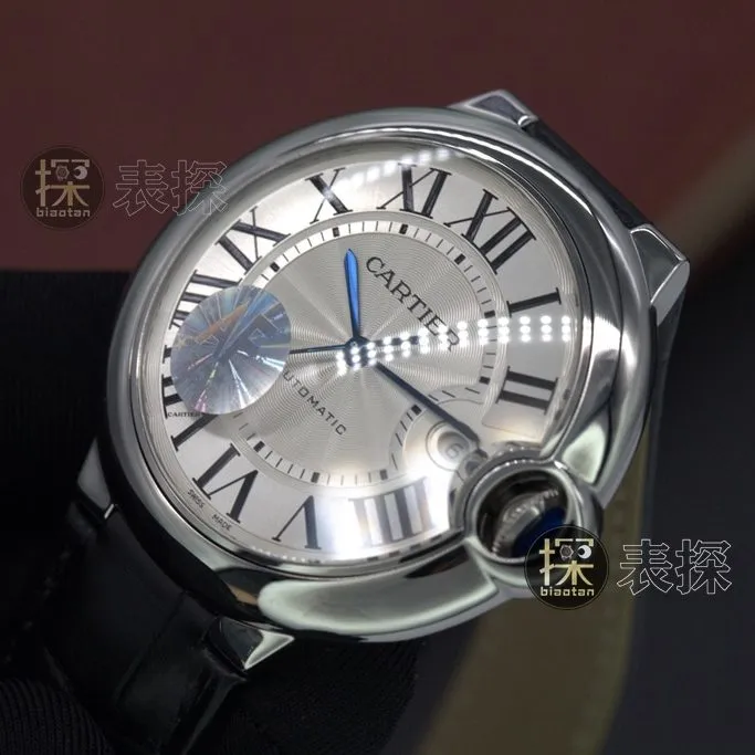 af factory blue balloon Cartier1:1replica watch white dial black leather bracelet side view