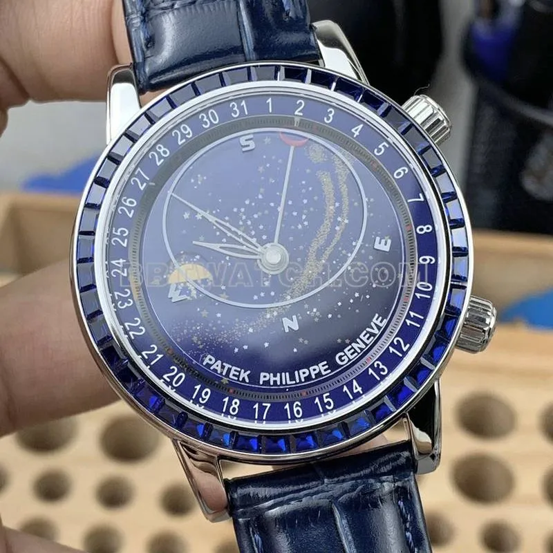 Patek Philippetop-tier watch 3K Factory super complication timepiece blue dial blue diamond bezelleather strap model front live photo