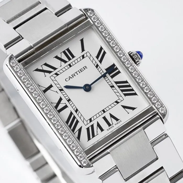 top-tier watch Cartier women's white dial tank series steel bracelet watch front view