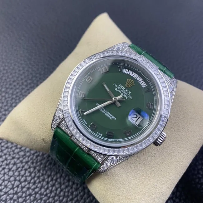 top-tier watch Rolex log series men's green dial green strap fully automatic movementleather strap watch front view