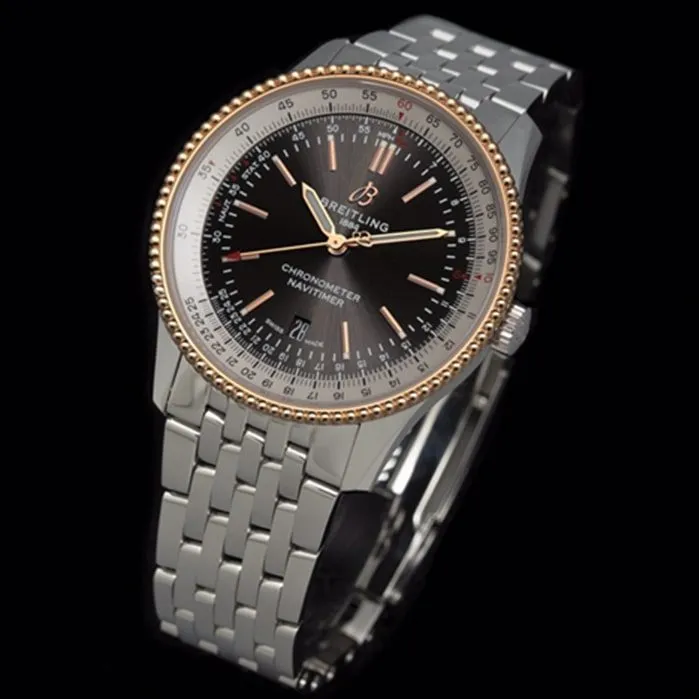 top-tier watch Breitling men's black dial aviation chronograph1 series steel bracelet watch side view