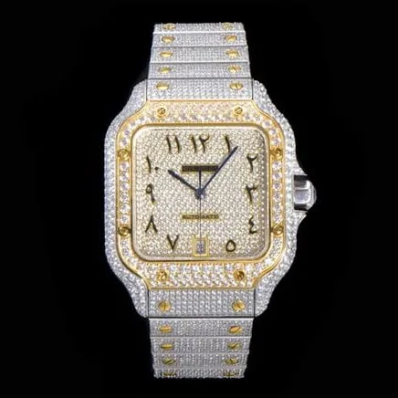 top-tier replicaCartiersuper men's gold disc steel bracelet Santos series Gypsophila full automatic movement watch front view