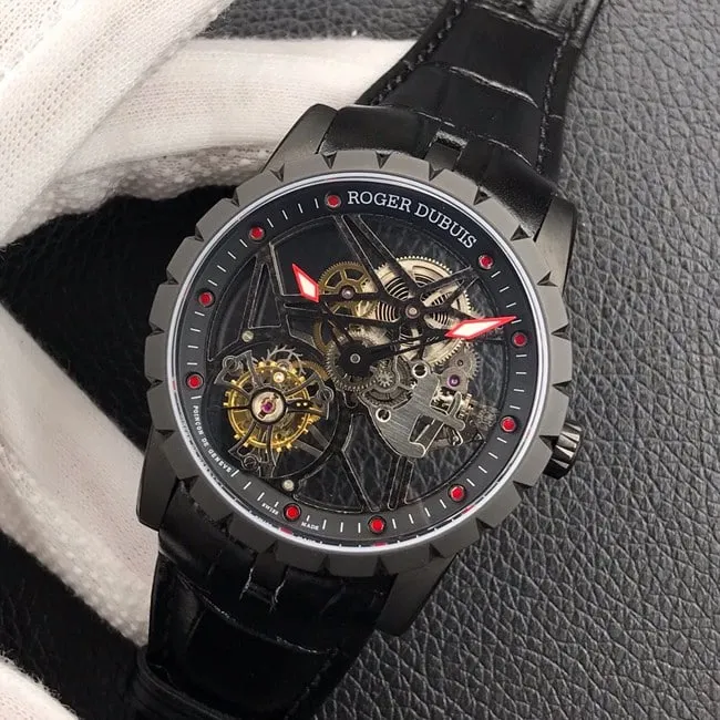 BBR factory top-tier watch Roger Dubuis manual winding tourbillon men's black dialleather strap watch front view