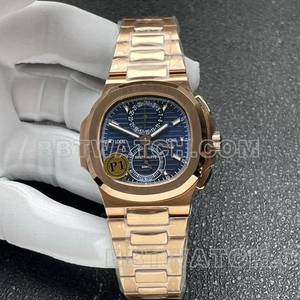 Patek Philippe Watch Sport Elegant Blue Plate Mechanical Rose Gold Steel Strap Model 5990 Strap Actual Pictures
