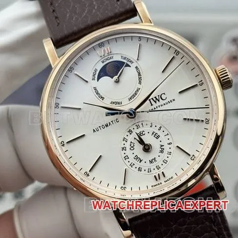 collectible watch Portofino GR factory IWCrose goldwhite dial brown leather strap model front live photo