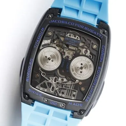 Top-tier Bugatti Veyron watch men's black dial blue rubber strap mechanical watch front view