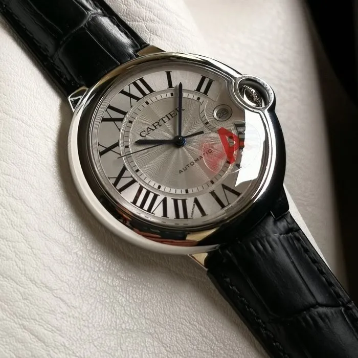 top-tier watch Cartier men's white dial blue balloon series leather strap watch front view