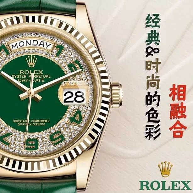 Rolextop-tier replicasuper watch men's green dial green strap day-date type day-date 36mm series automatic movement watch detail shots