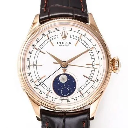 TWF factory Rolextop-tier watch men's white dial brown belt Cellini series 50535 moon phase watch front view