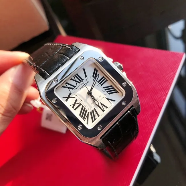 top-tier watch Cartier men's white dial black belt automatic movementleather strap watch front view