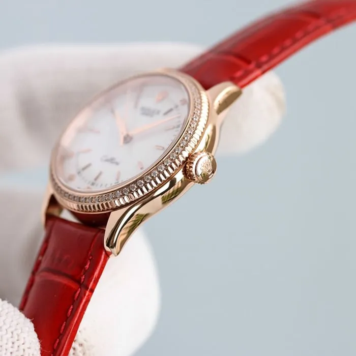 High-quality Rolex women's watch, Cellini series, black dial, leather strap, detailed images