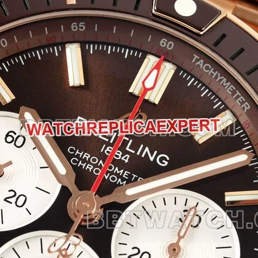 Breitling1:1replica watch TF factory mechanical chronograph brown plate 44mm rose goldsteel bracelet front live photo