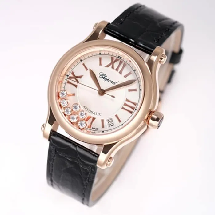 Top collectible watches Chopard Women's White Plate Black Strap Happy Diamonds Collection Front View