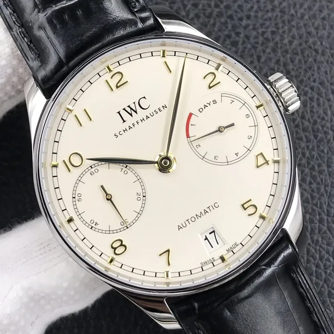 YL factory top-tier watch IWC men's white dial black belt Portuguese seven automatic movementleather strap watch front view