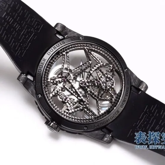 BBR King Roger Dubuis watch carbon fiber hollow tourbillon black rubber detail shots