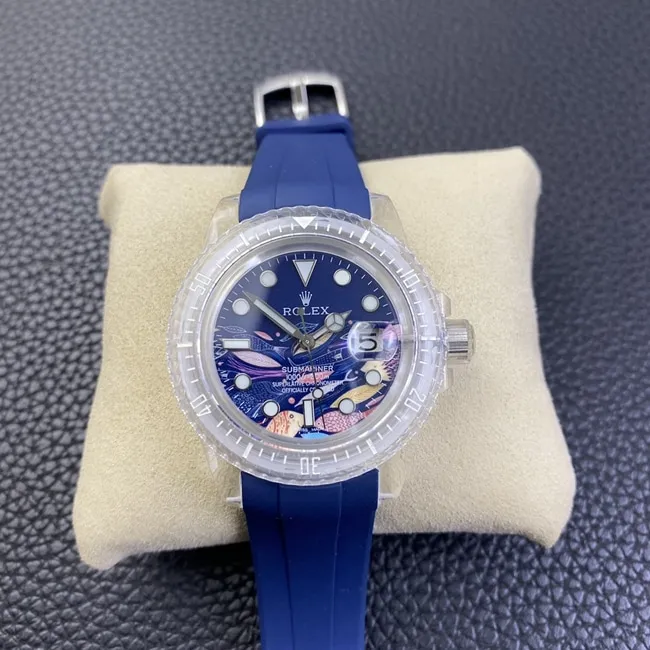 top-tier watch Rolex men's blue dialrubber strapautomatic movement watch front view