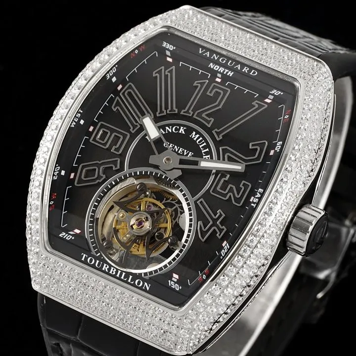 RMS factory Frank Muller men's top-tier watch black dial diamond flywheel leather strap model V45front live photo