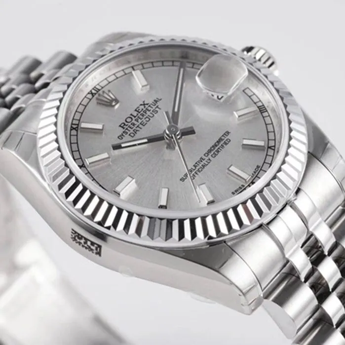 Top-tier watch Rolex men's gray plate Oyster Perpetual Datejust 31mm series steel bracelet watch front view