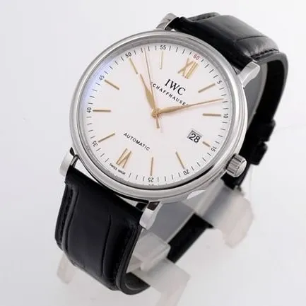 V7 factory IWC top-tier replicahigh-quality watch men's white dial black belt wave Fino series disc automatic movementleather strap watch front view