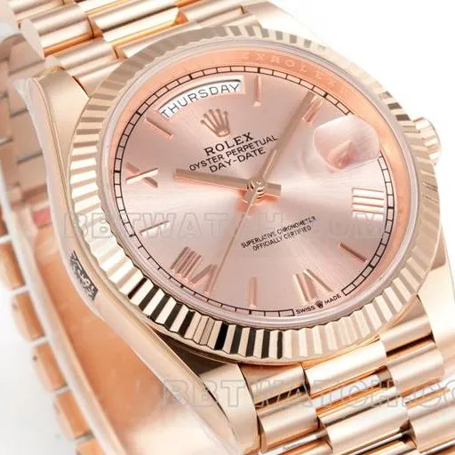 collectible watch Day-DatePPM factory Rolex mechanical pink dial Roman numerals rose goldfront live photo