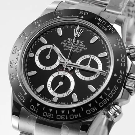 top-tier replicaRolex men's black dialsteel bracelet Cosmograph Daytona mechanical watch front view