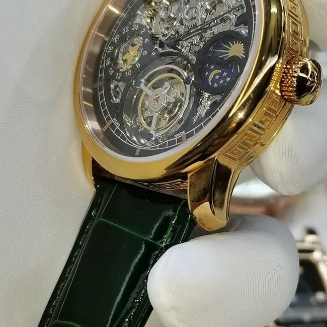 top-tier watch Vacheron Constantin men's black dial green strap tourbillon mechanical leather strap watch front view